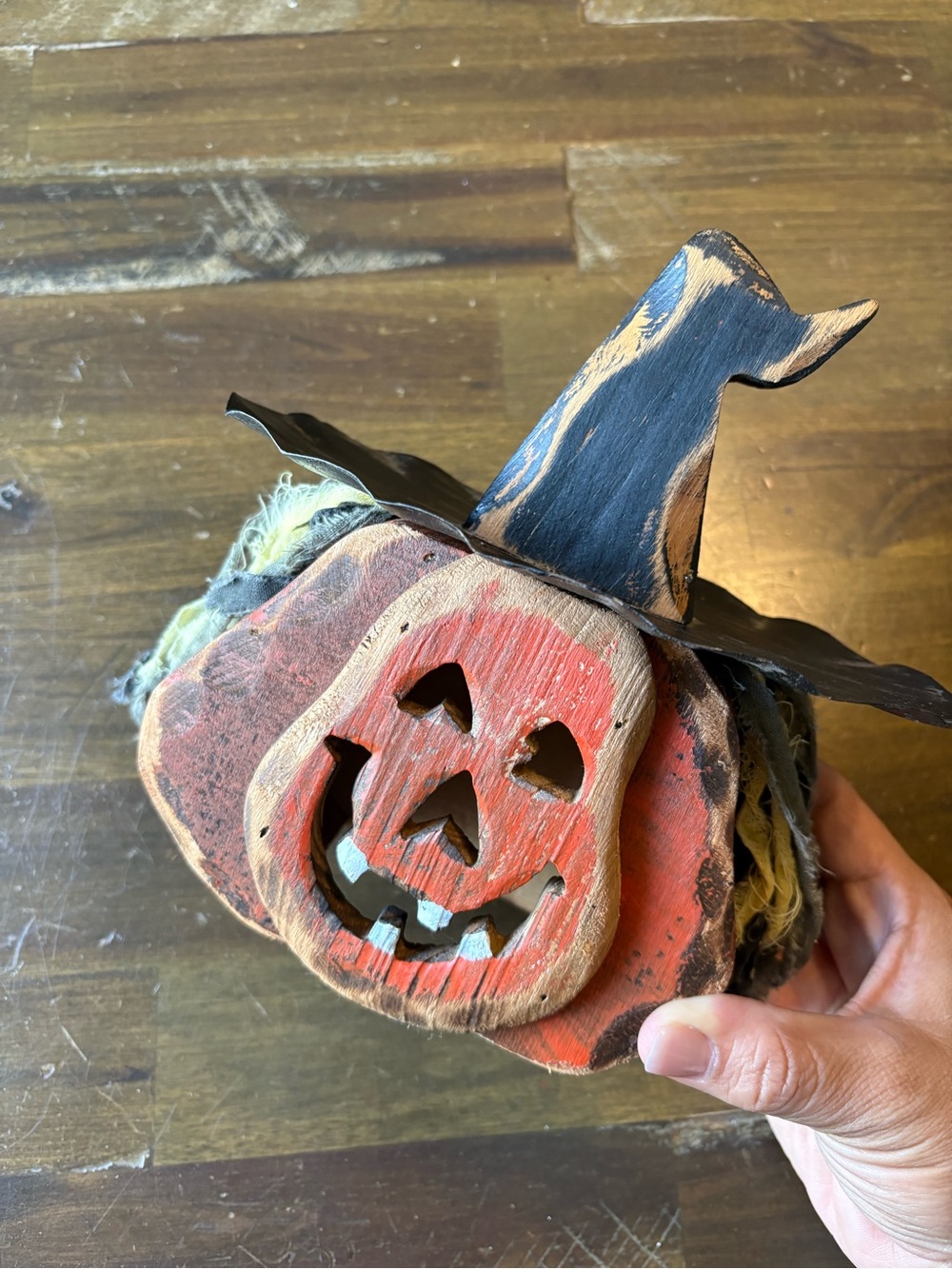 Vintage Folk Art Handmade Witch Pumpkin Jack-o’-lantern Ugly Goofy Wood Metal
